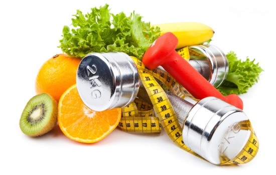 fitness equipment and fruits